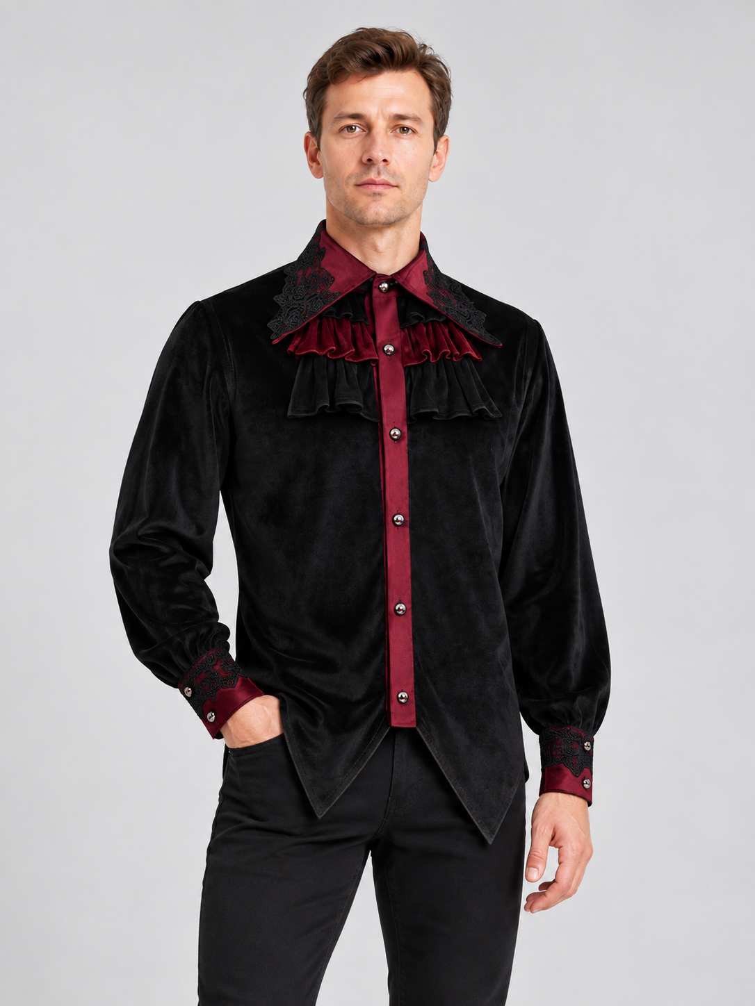 Black shirt with burgundy accents and lace trim