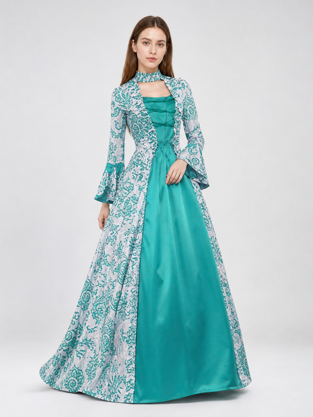 Long Dress with Pattern and Flared Sleeves