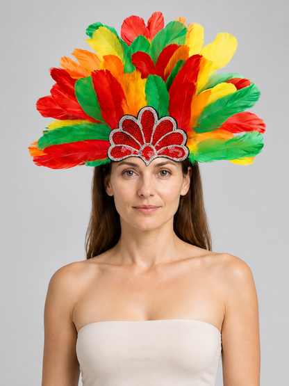 Woman wearing a multicolor feather headpiece with a red beaded front, shown against a gray background in a strapless top
