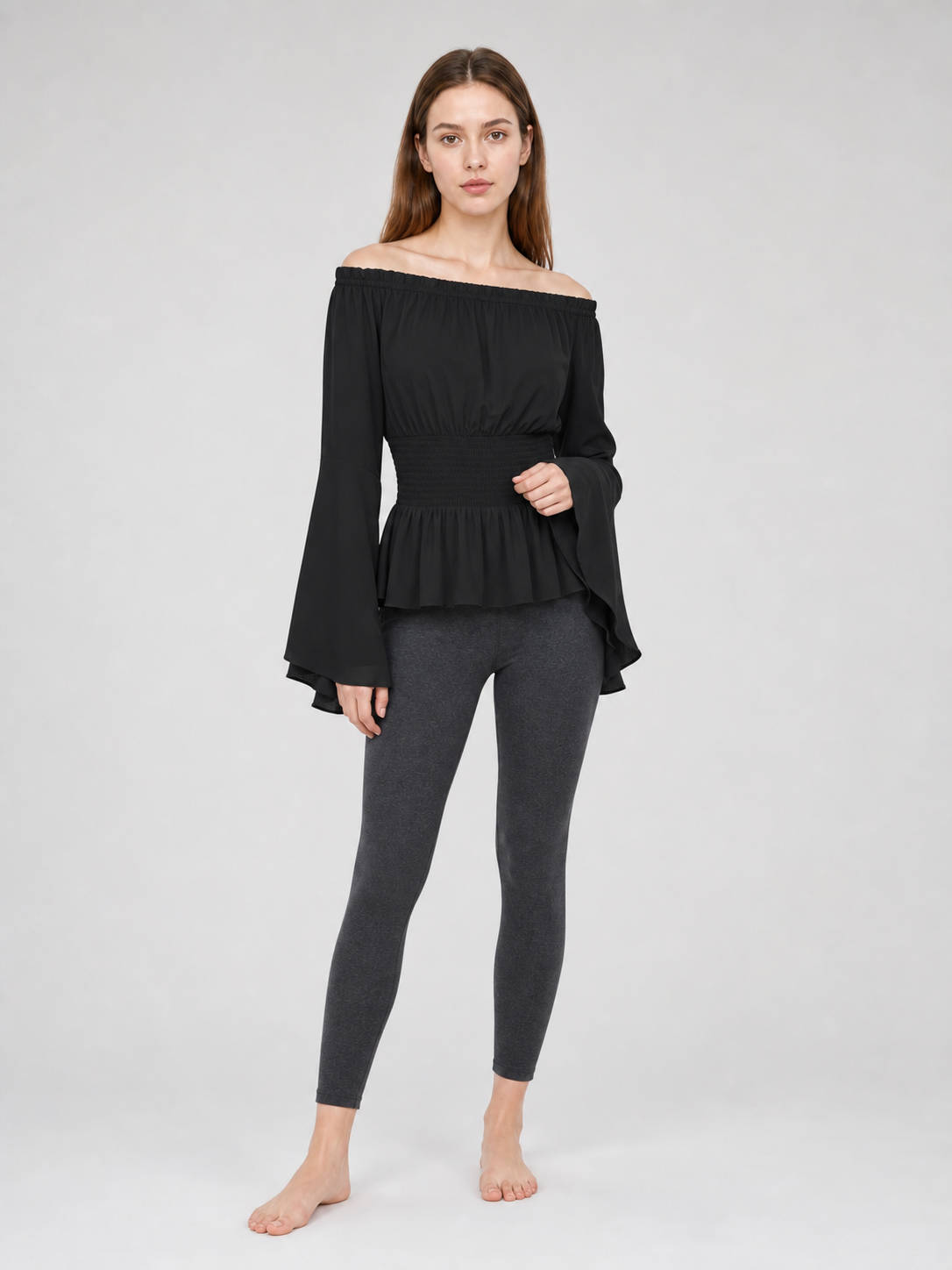 Black Off-the-Shoulder Blouse with Flared Sleeves