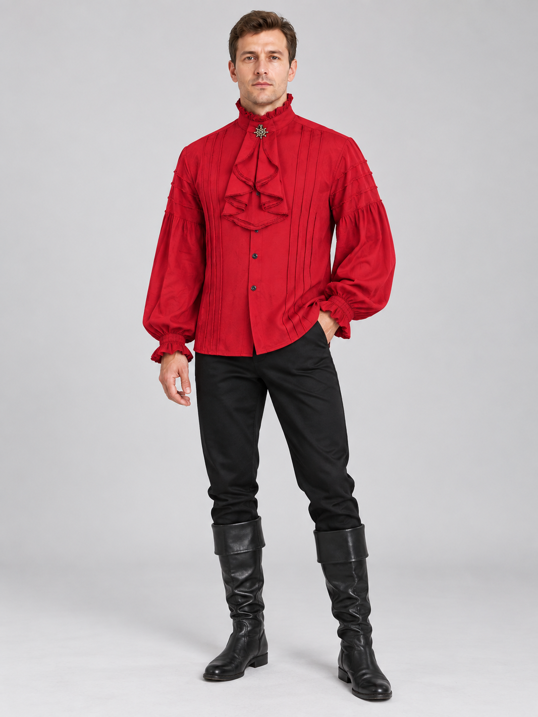 Red Pirate-Style Shirt with High Collar and Ruffles