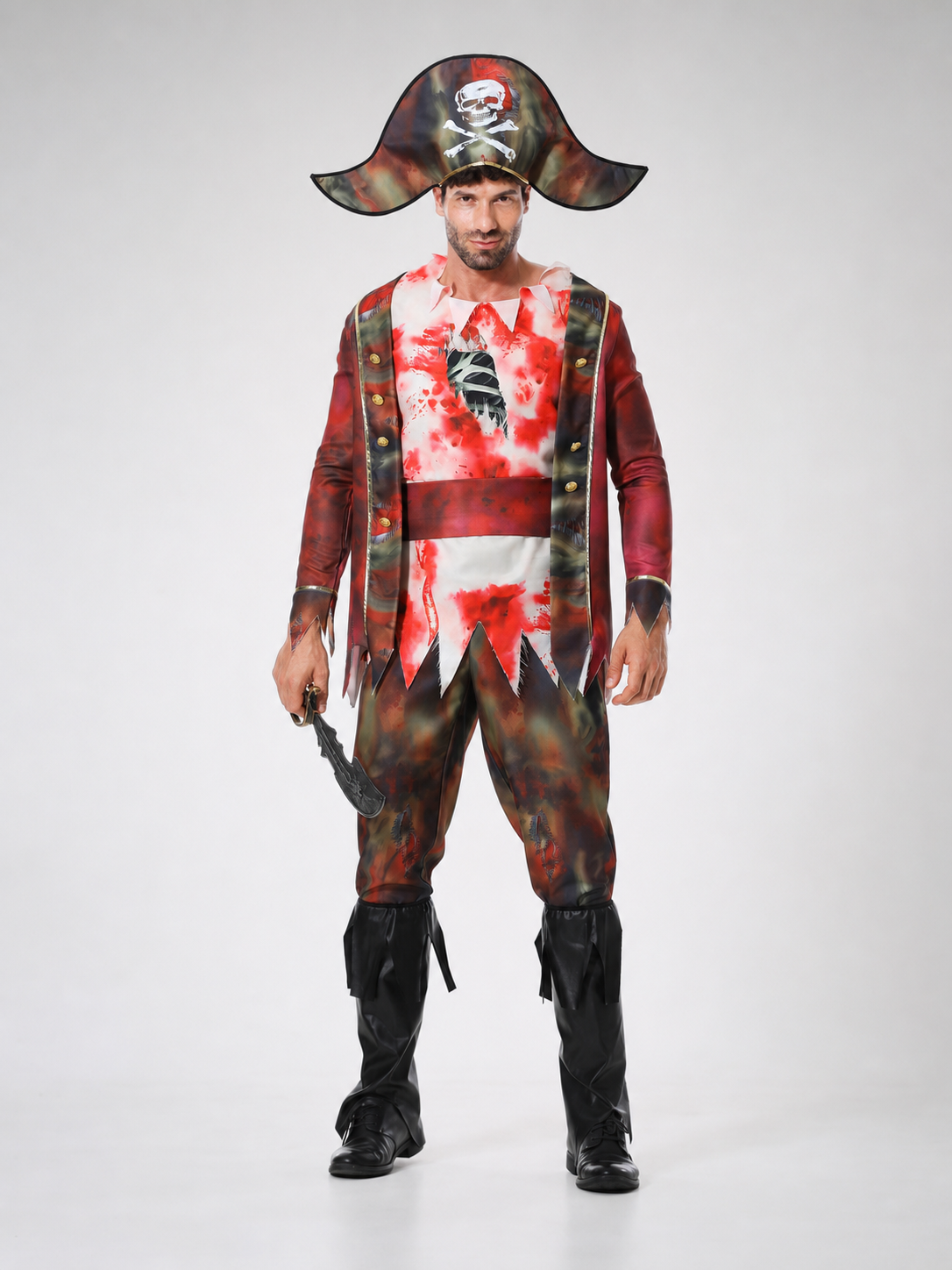 The set features a pirate-style design and includes a one-piece costume with long sleeves and pants, a wide-brim pirate hat, and a black curved blade-shaped accessory. The design combines brown, white, red, and black colors. The front featu