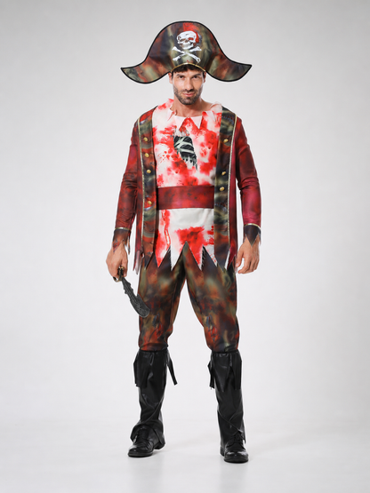 The set features a pirate-style design and includes a one-piece costume with long sleeves and pants, a wide-brim pirate hat, and a black curved blade-shaped accessory. The design combines brown, white, red, and black colors. The front featu
