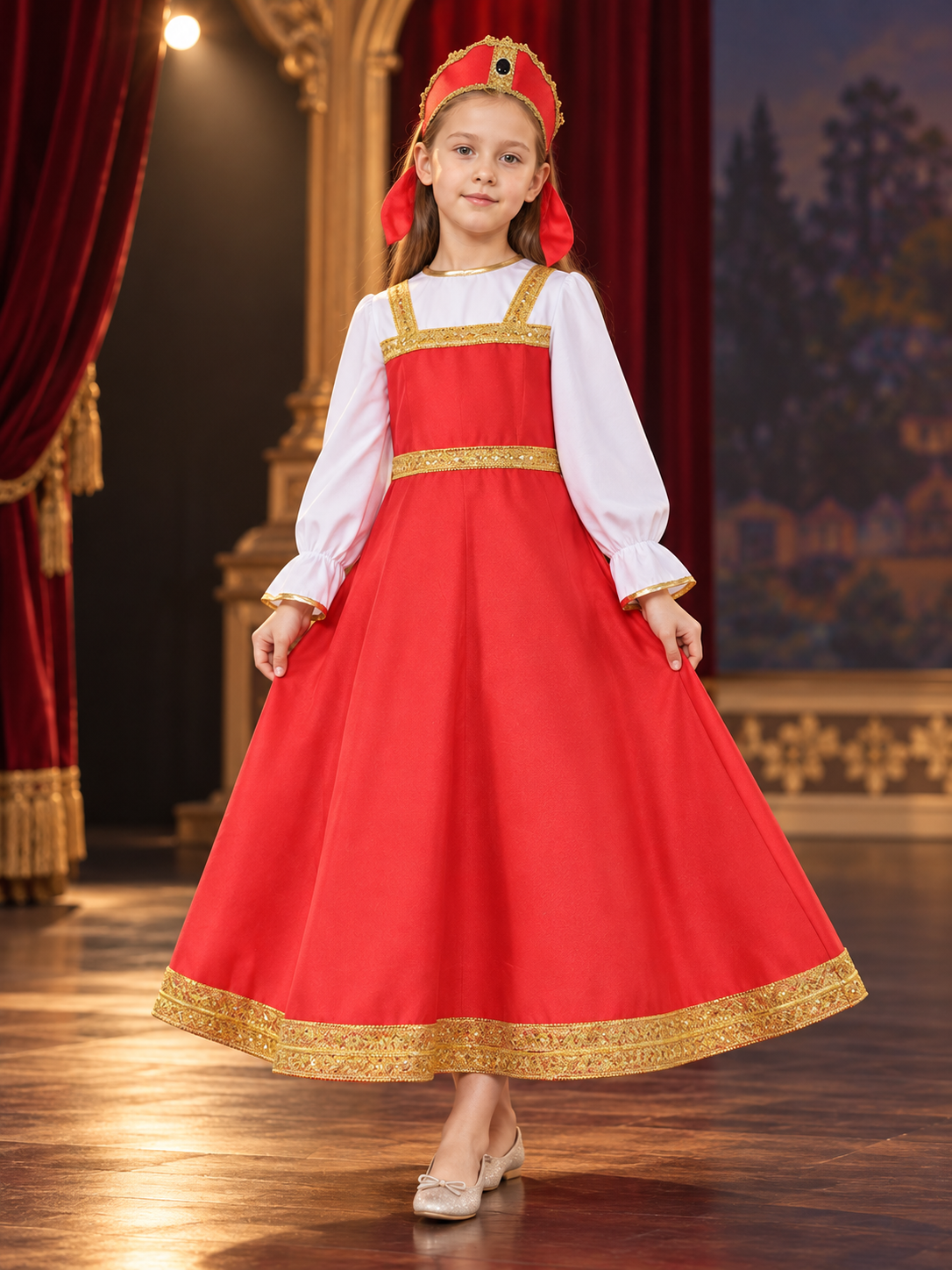 gold children_red_ethnic_stage_dress_with_head_accessory product image 3