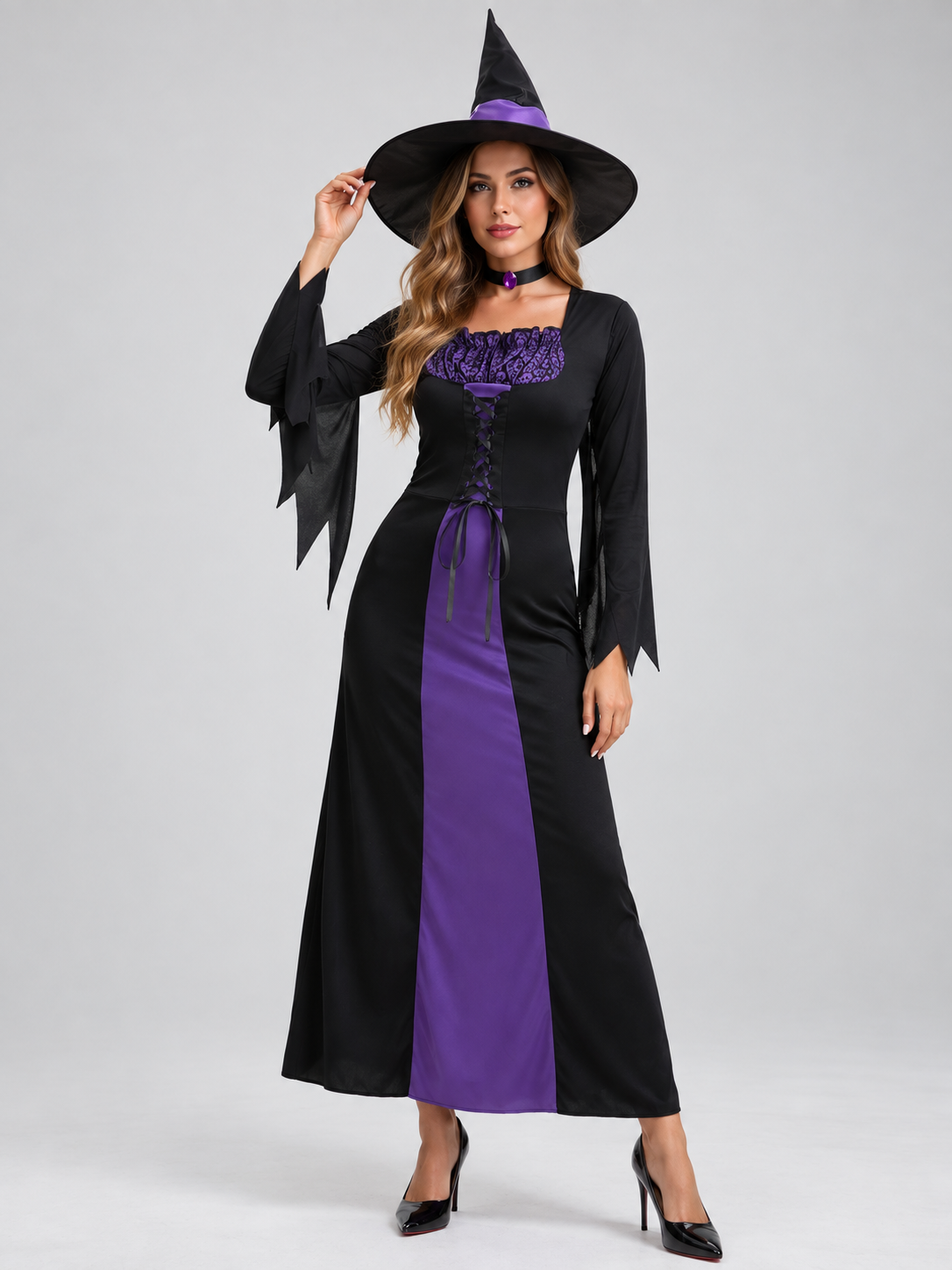 Witch Costume: Black and Purple Dress, Hat, and Neck Accessory