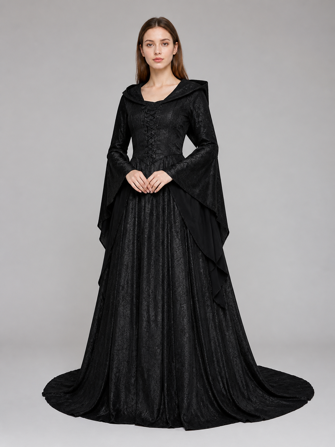 Medieval Hooded Dress with Train Costume Dresses detail