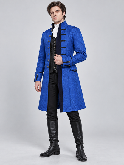 Long blue frock coat with black inset and buttons