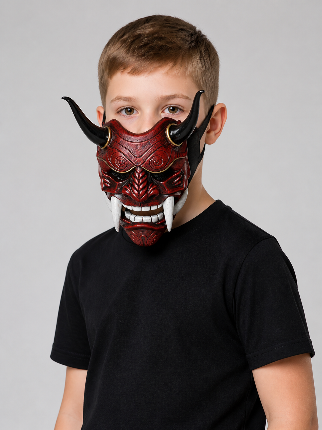 Red Carnival Mask with Horns and Fangs Costume Masks detail