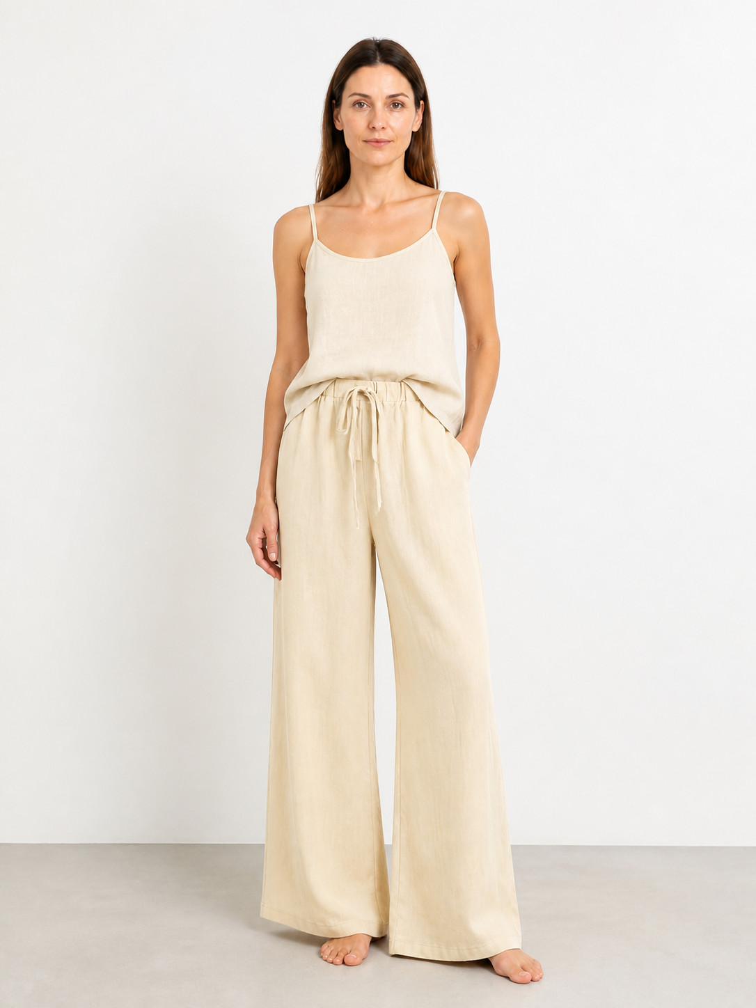 Beige Wide-Leg Pants with an Elastic Waistband and Drawstring product detail