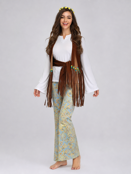 The stage costume is designed in a retro style and is suitable for a Halloween party, disco performance, or cosplay. The set includes a stage outfit with a white long-sleeve shirt, brown fringe, and light blue flared pants featuring a yello