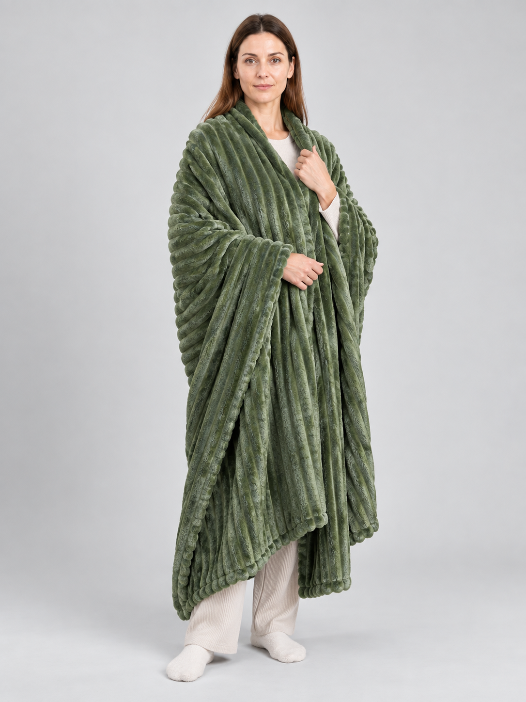 Dark Green Flannel Throw Blanket with Raised Waves