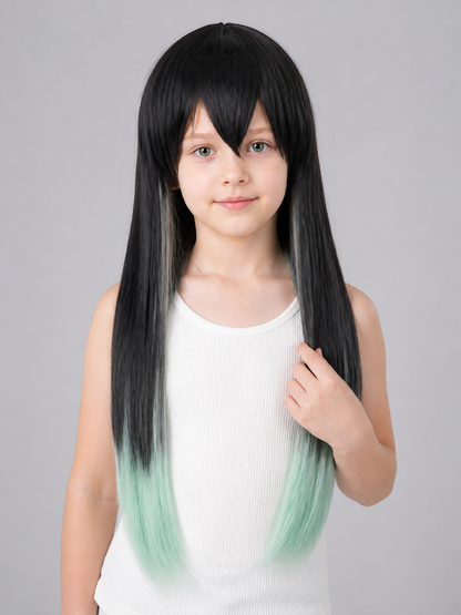 Long Black and Turquoise Cosplay Wig with Bangs Costume Wigs detail