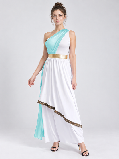 Floor-Length Dress with Turquoise Draping and Gold Belt
