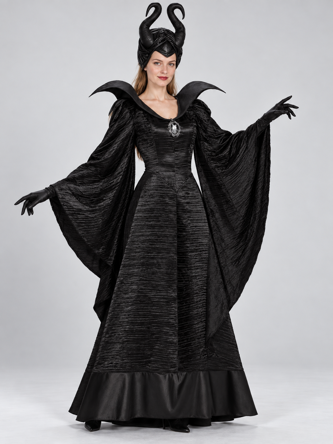 Maleficent Costume: Black Dress, Horns, Brooch