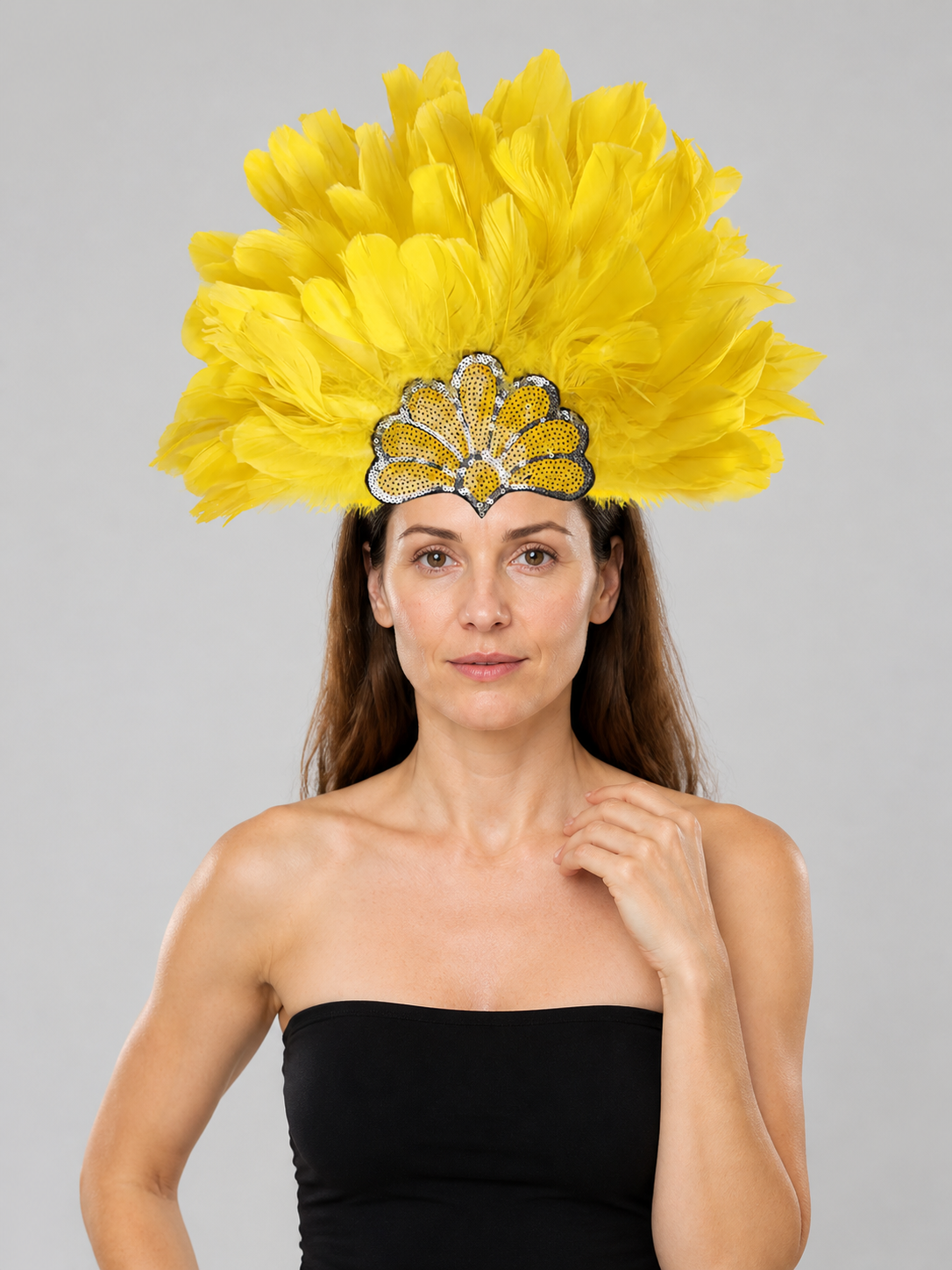 Carnival Headpiece with Yellow Feathers and Sequins Costume Headwear detail