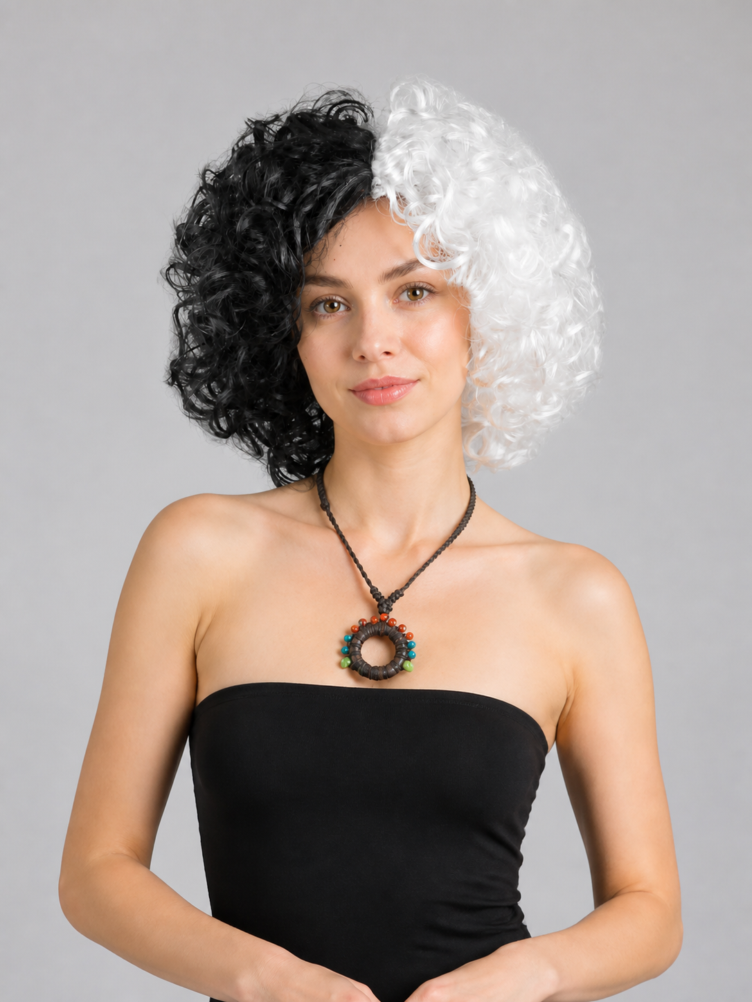 Black and White Curly Carnival Wig for Cosplay Costume Wigs detail