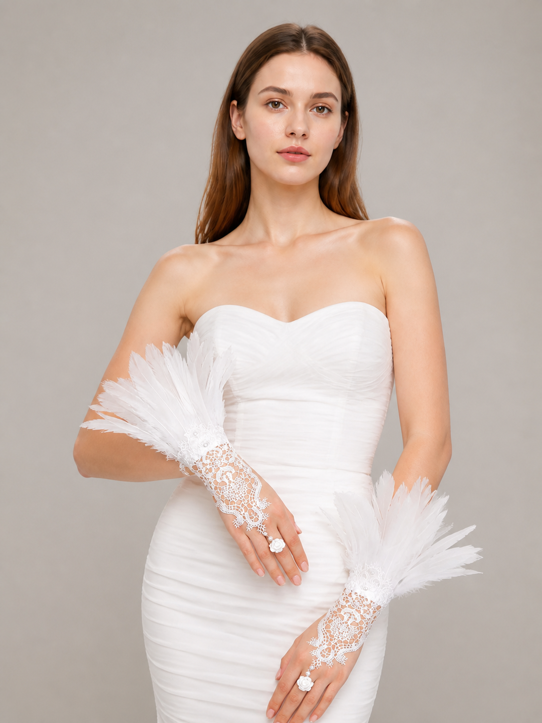White Lace Finger-Loop Feather Gloves, Pair