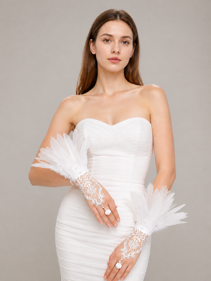 White Lace Finger-Loop Feather Gloves, Pair