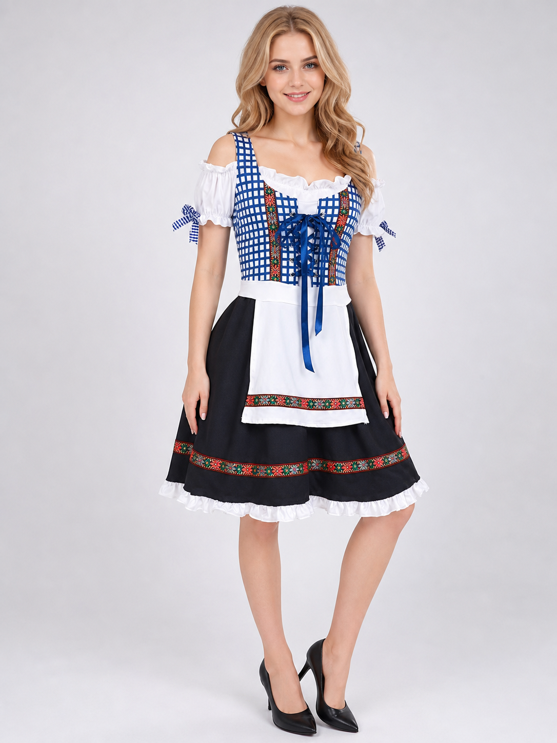 Historical national costume featuring a blue-and-white check pattern with a black lower panel. The design includes a white apron front and long blue lacing on the chest. Red-and-green ethnic patterns adorn the decorative shoulder bands, wai