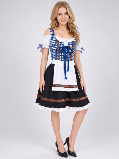 Historical national costume featuring a blue-and-white check pattern with a black lower panel. The design includes a white apron front and long blue lacing on the chest. Red-and-green ethnic patterns adorn the decorative shoulder bands, wai