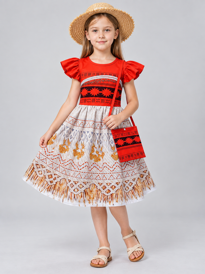 Moana-Style Red and White Dress with Fringe and Bag