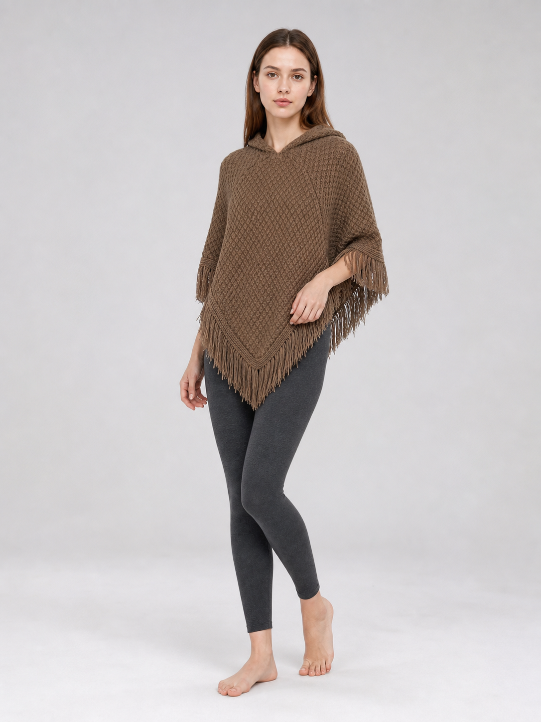 Triangle Hooded Cape with Fringe, Brown