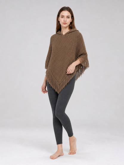 Triangle Hooded Cape with Fringe, Brown