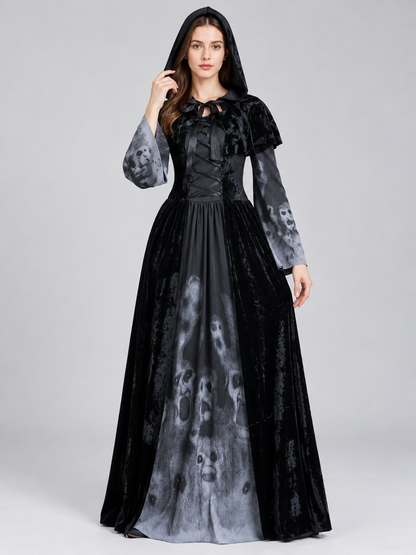 Gothic Hooded Dress with Lace-Up Detail and Skull Print Costume Dresses detail