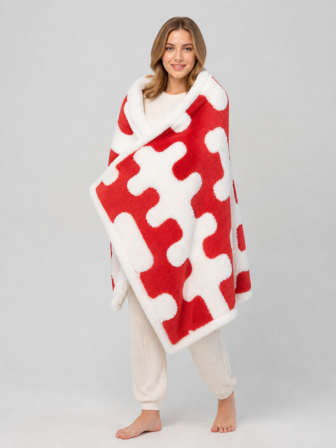 Reversible Red and White Pet Blanket Wearable Blankets detail