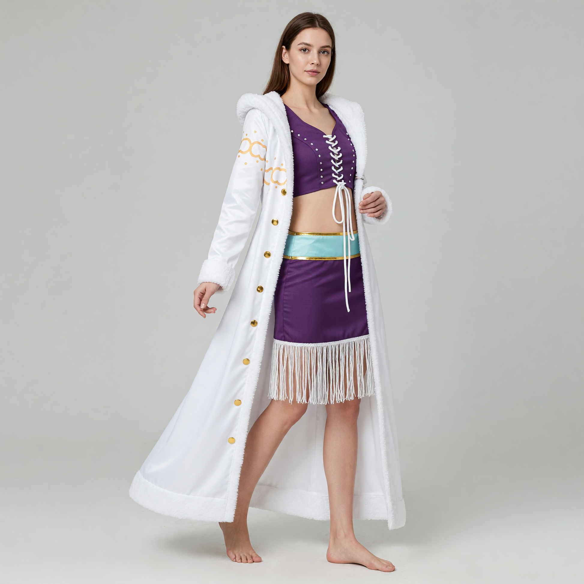 Cosplay Costume with White Fluffy Trim and Vest