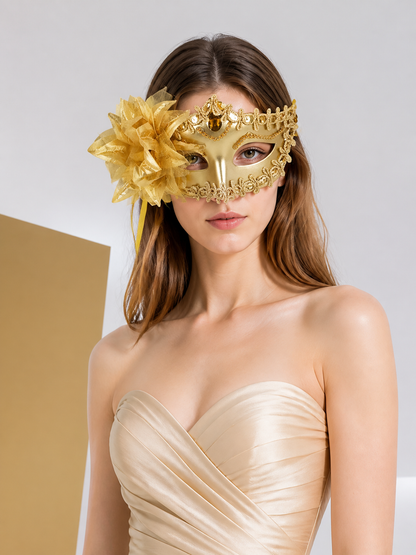 Gold Carnival Half Mask for Halloween and Cosplay on-model front view