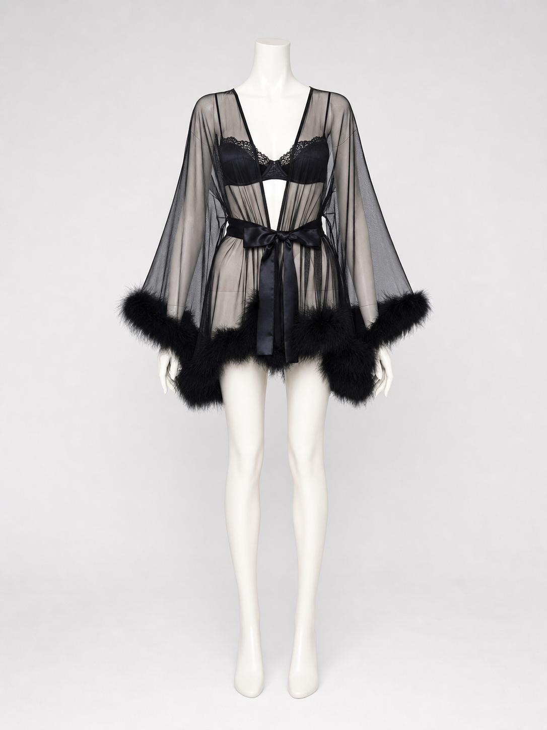 Black Sheer Robe with Belt and Fluffy Trim
