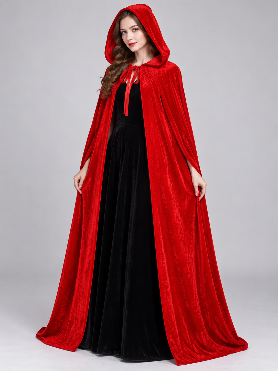Long Bright Red Velvet Hooded Cloak Cape