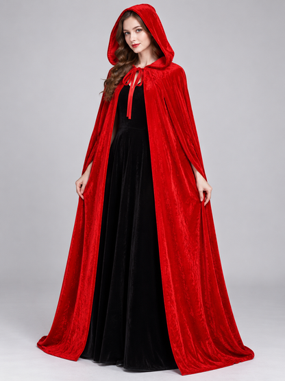 Long Bright Red Velvet Hooded Cloak Cape