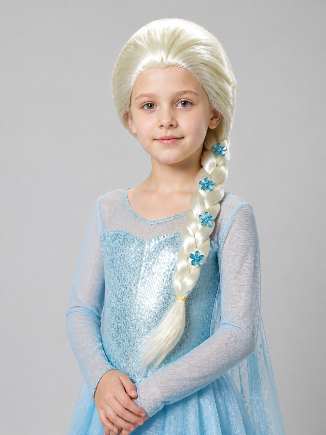 White Costume Wig with Blue Flowers and Long Braid Costume Wigs detail