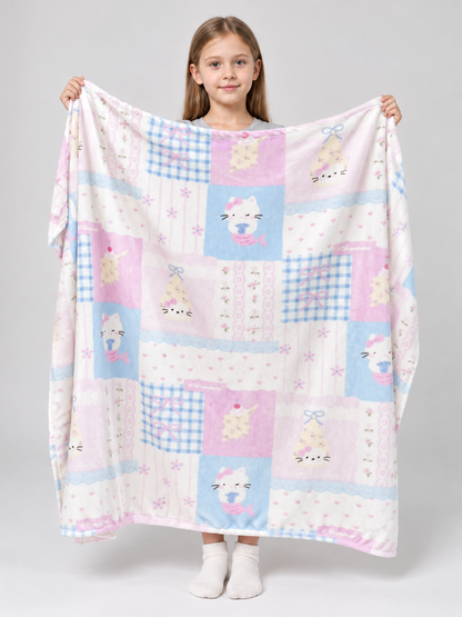 Reversible Fleece Blanket with Kittens and Bows, Pastel
