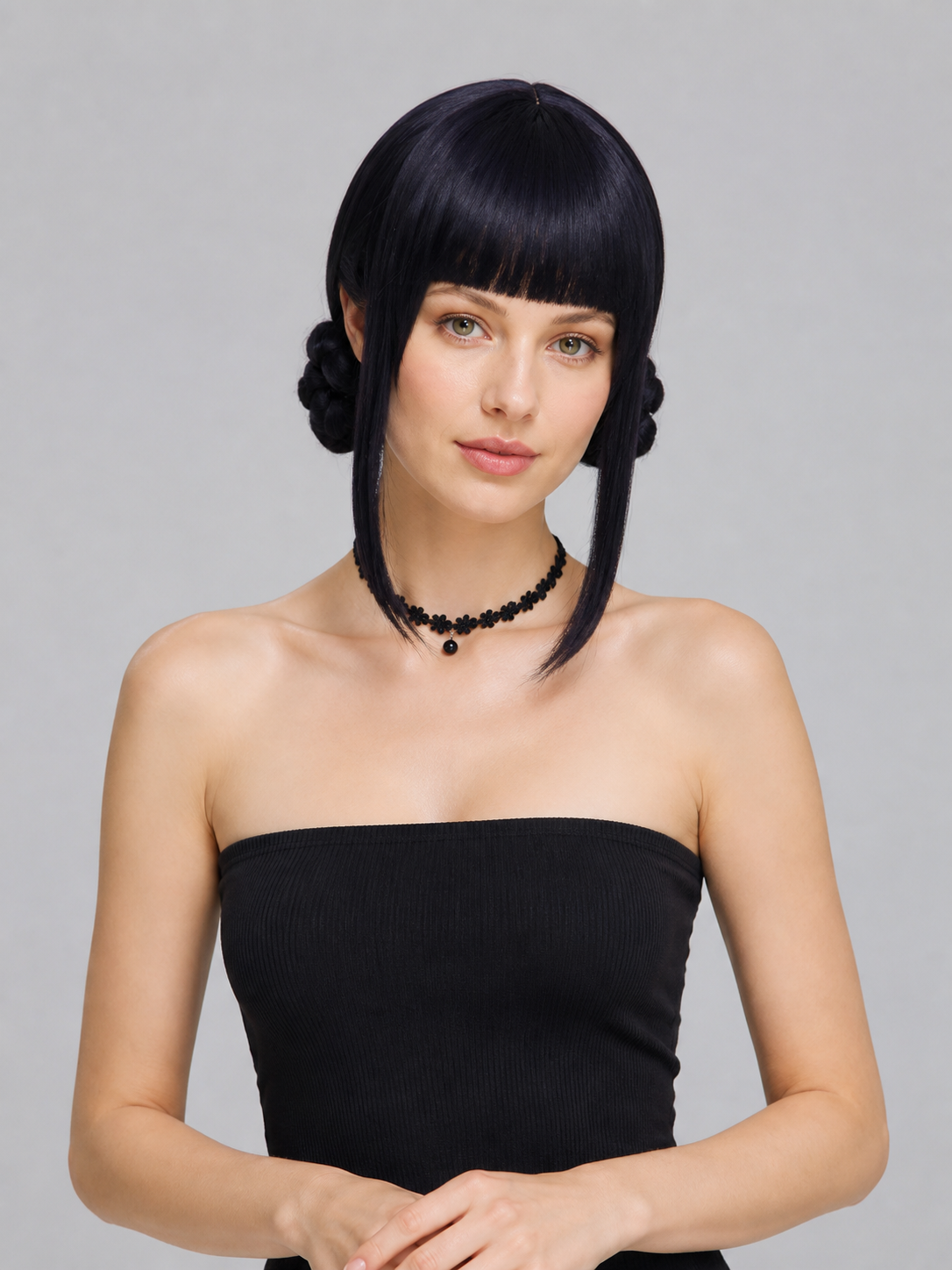 Black Carnival Wig with Buns for Halloween and Cosplay Costume Wigs detail