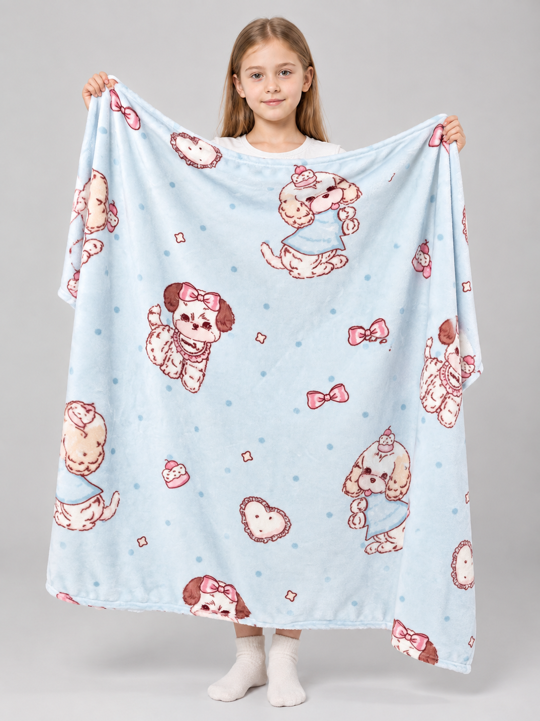 Reversible Light Blue Blanket with Dogs and Hearts