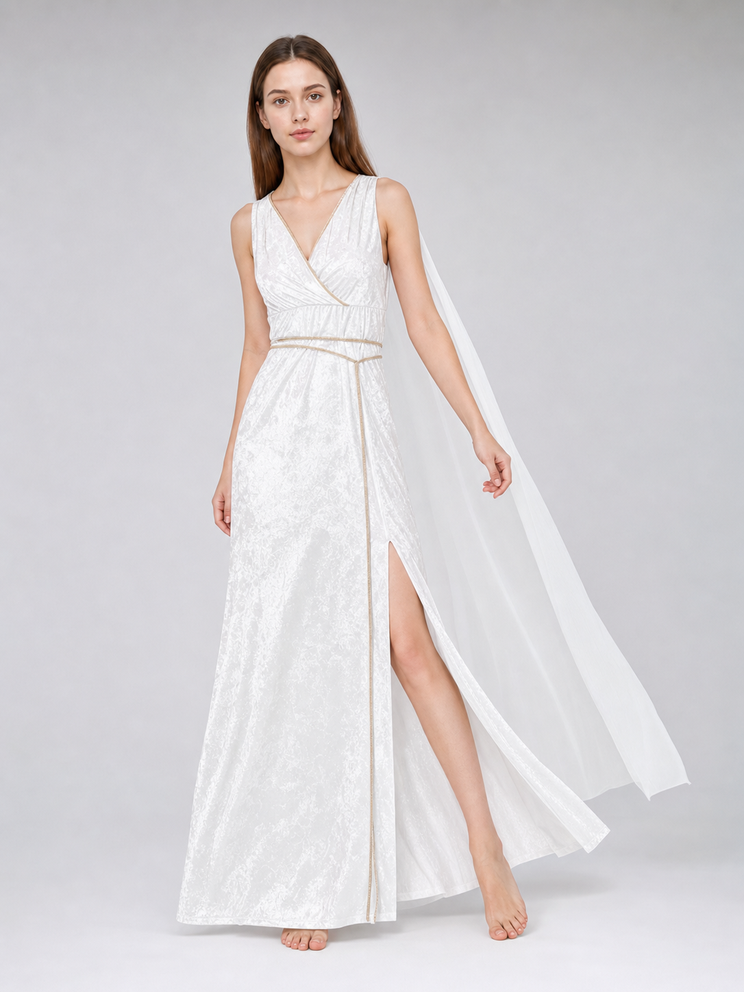 White long Greek-style dress with a high slit