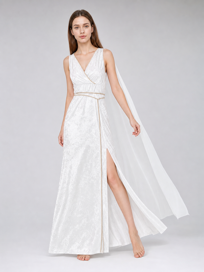 White long Greek-style dress with a high slit