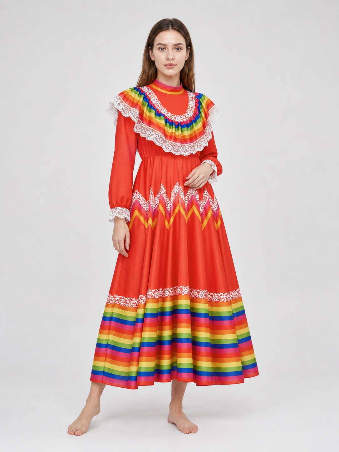 Folk Performance Dress with Long Sleeves