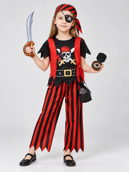 Red and black pirate costume with skull print