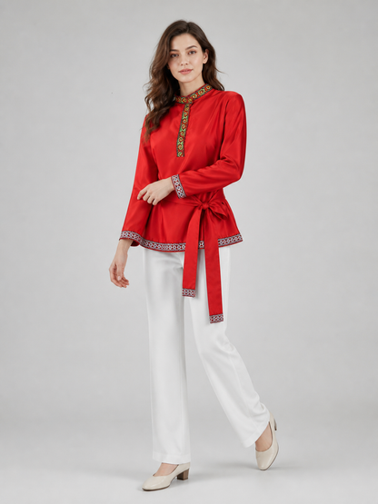 Red Tunic with Ornament, Stand-Up Collar, and Belt