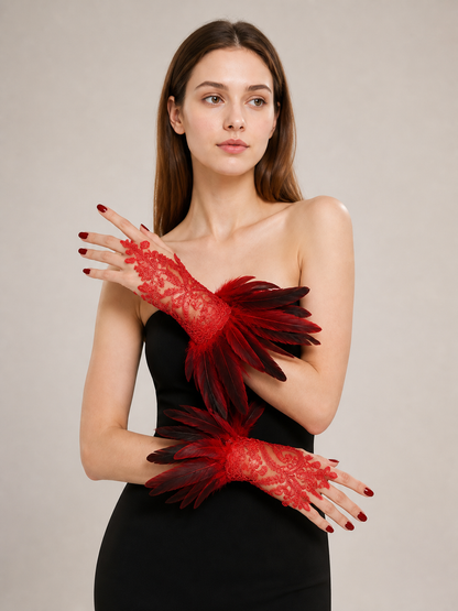 Red Carnival Gloves with Black-and-Red Feathers, Pair
