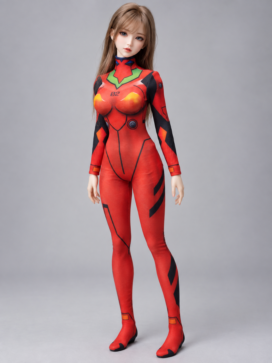 Red doll jumpsuit with high collar and 02 print