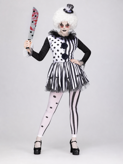 Black-and-white clown costume with a full skirt and decorative details for a Halloween look, themed party, or cosplay. The design is inspired by a circus clown: the top combines contrasting areas with black dots and vertical stripes, while 