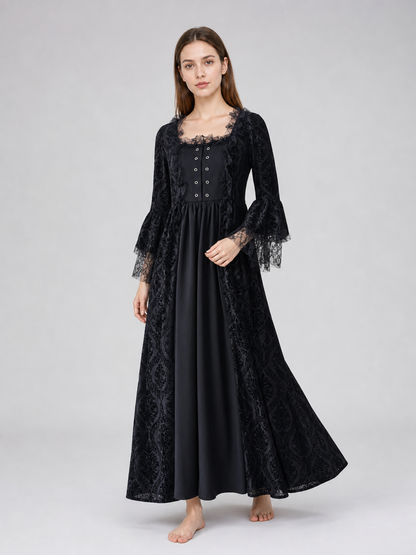 Gothic Vintage Maxi Dress with Lace Trim