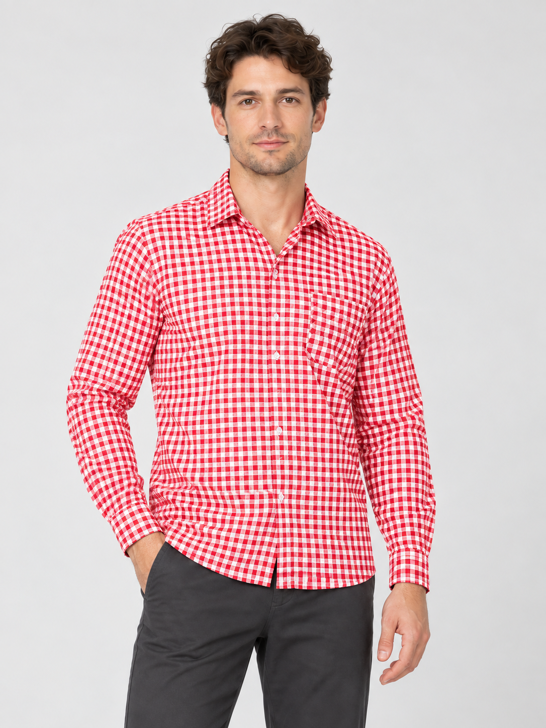 Red plaid shirt, long sleeves, polyester, cotton