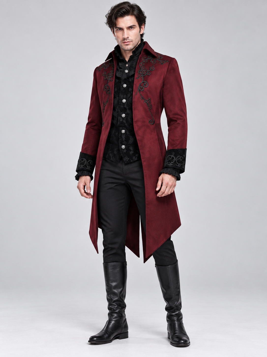 Burgundy Vampire Carnival Tailcoat with Black Embroidery