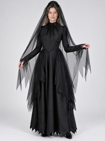 Vampire Carnival Costume with Veil and Hat, Black